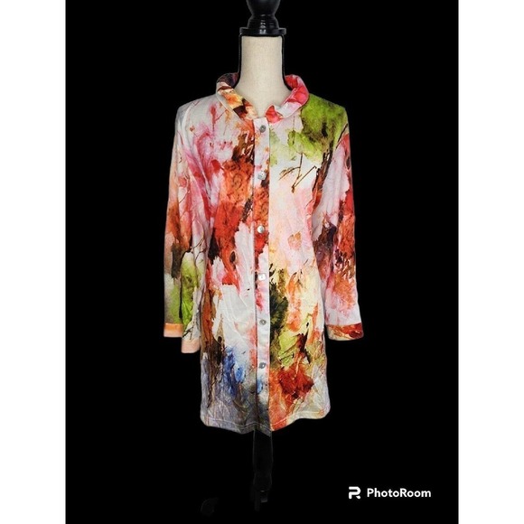 Parsley & Sage Tops - Parsley & Sage Top Watercolor Floral Art to Wear Sculptural Crinkle Gauze 2XL